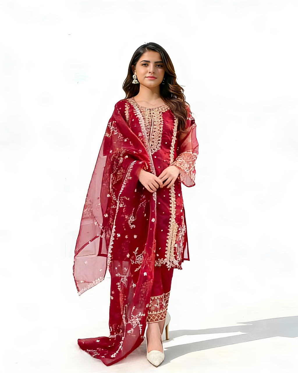 3 Pcs Red Organza Embroidered Suit
