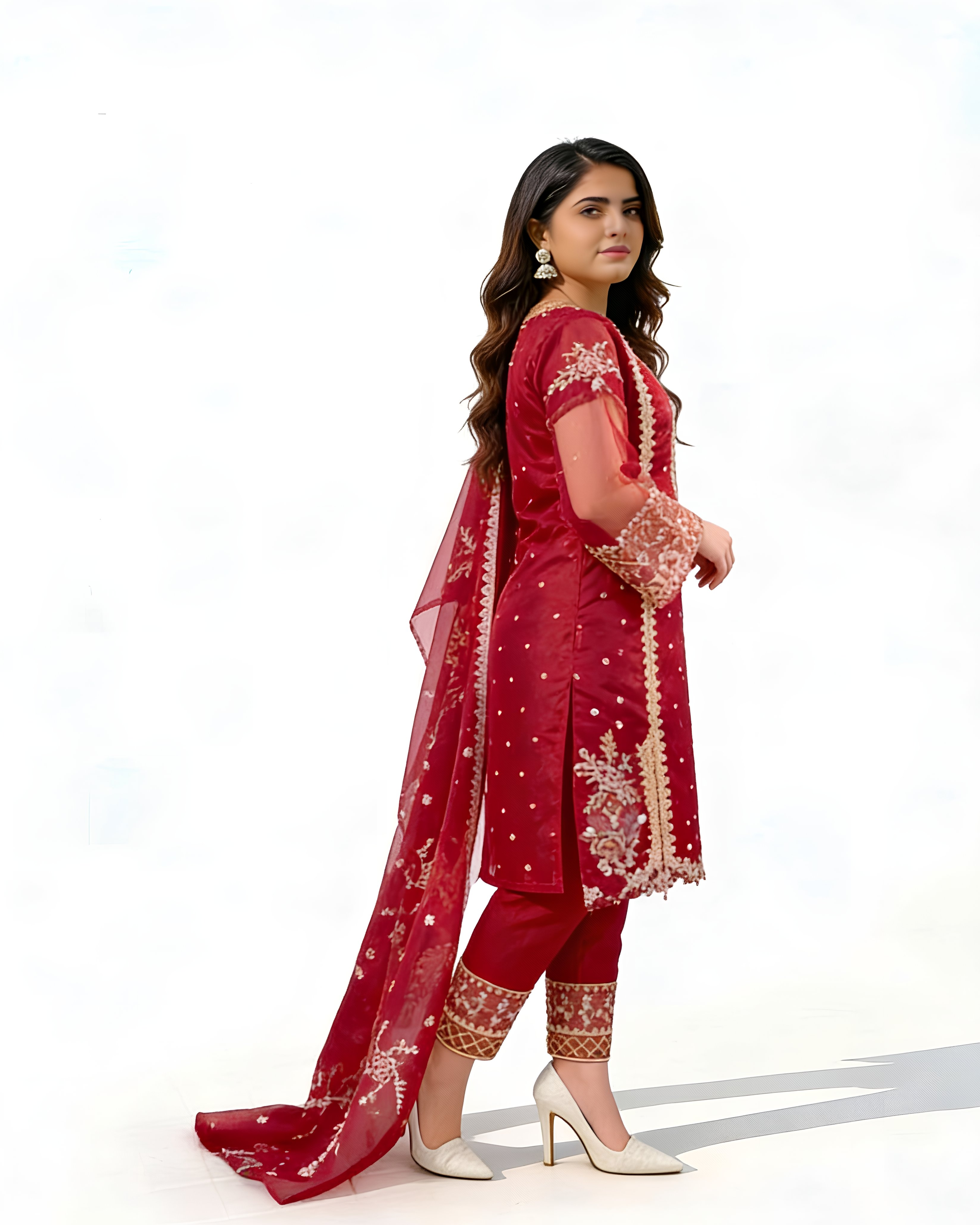 3 Pcs Red Organza Embroidered Suit