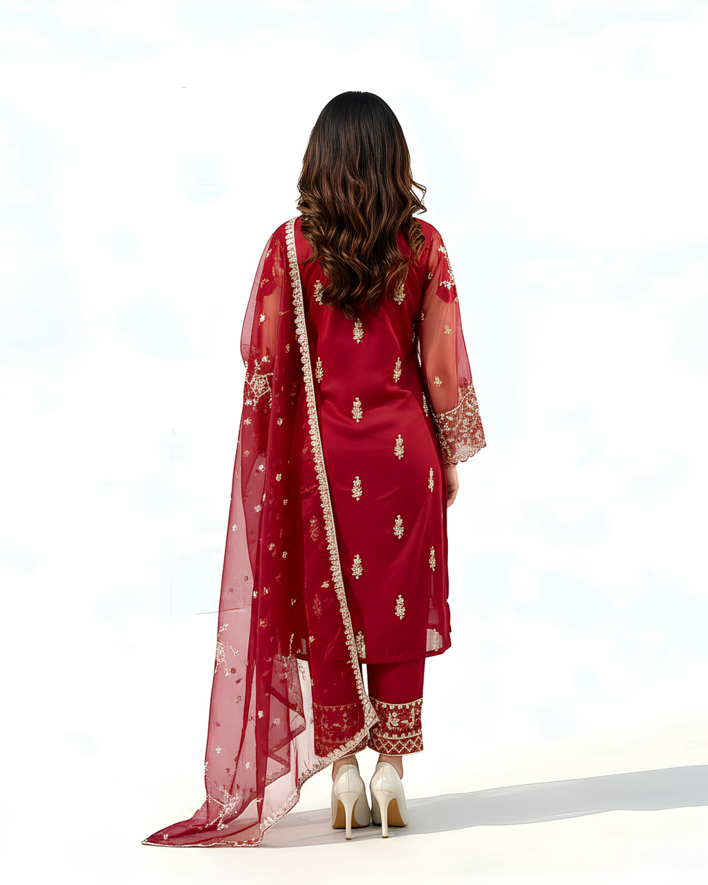 3 Pcs Red Organza Embroidered Suit